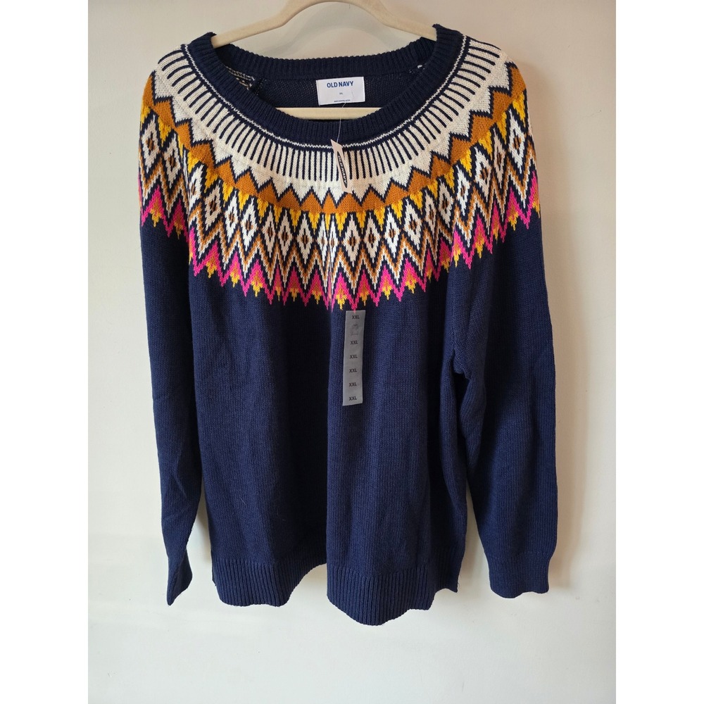 Old Navy Womens XXL Navy Blue Fair Isle Cotton Blend Knit Pullover Sweater NEW